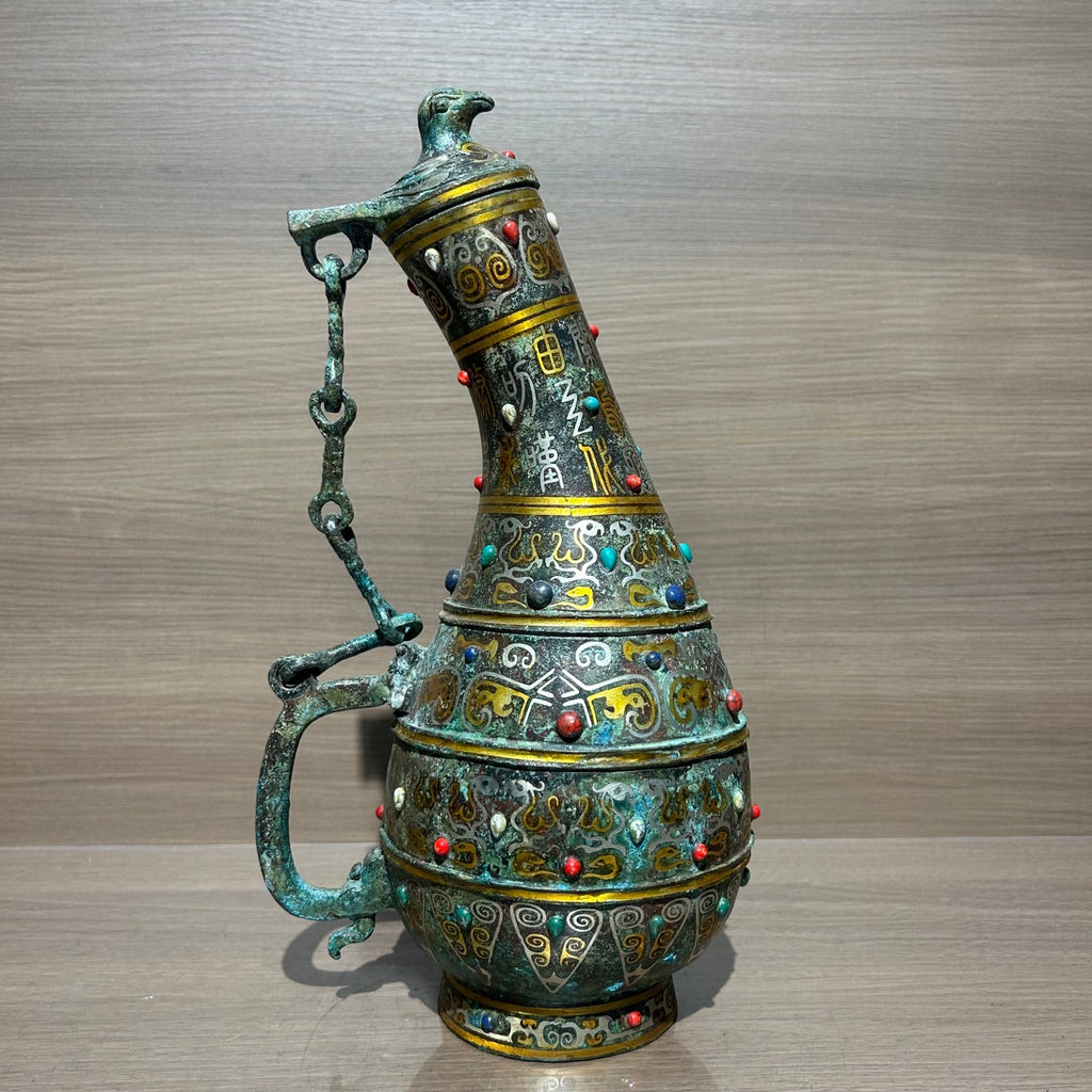 Ancient Chinese Style Bronze Bird Cover Pot Replica, Gold & Silver Inlaid Turquoise Decorative Vessel