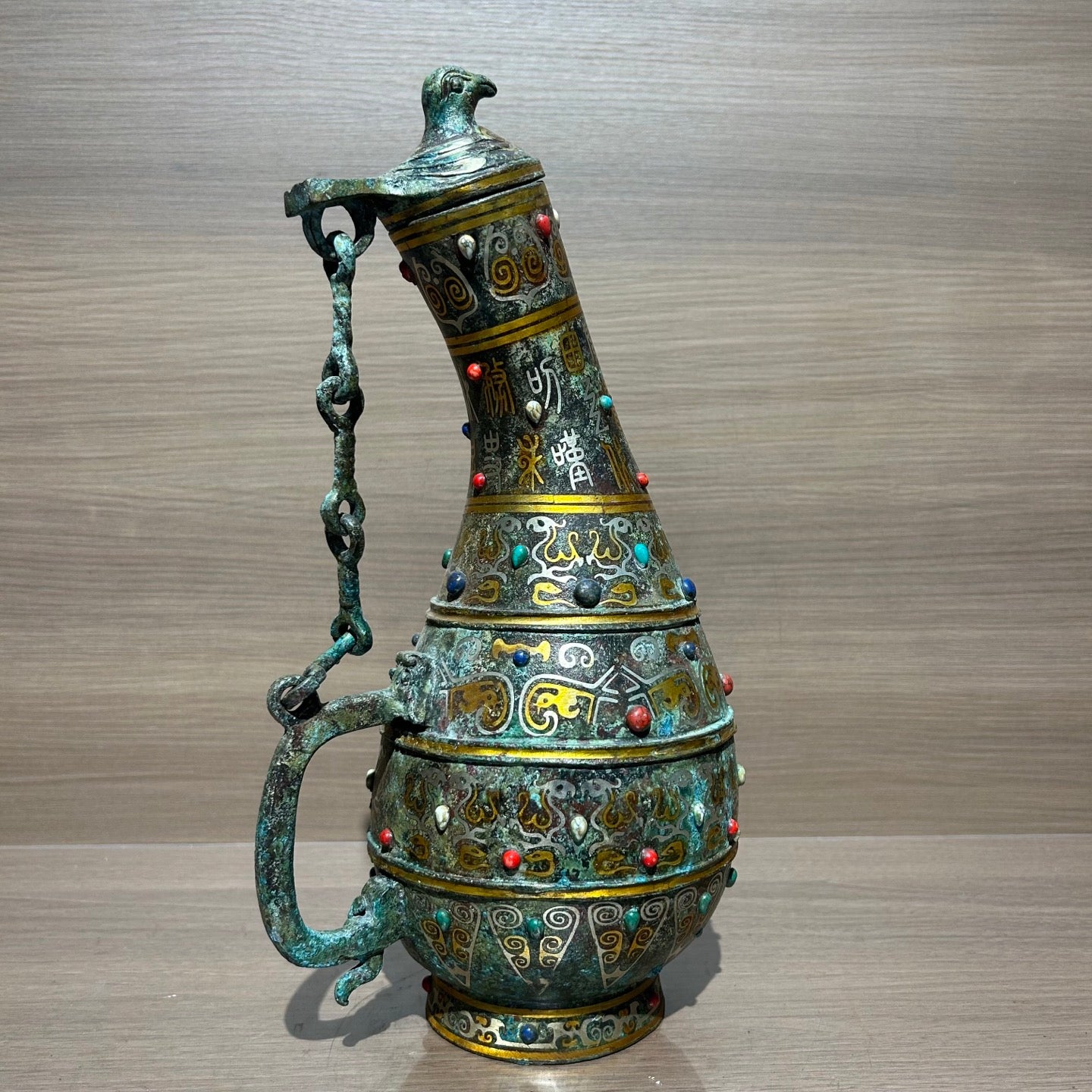 Ancient Chinese Style Bronze Bird Cover Pot Replica, Gold & Silver Inlaid Turquoise Decorative Vessel
