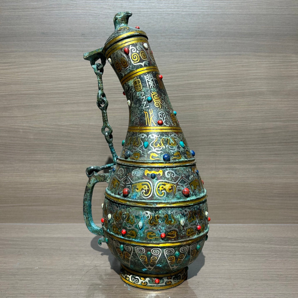 Ancient Chinese Style Bronze Bird Cover Pot Replica, Gold & Silver Inlaid Turquoise Decorative Vessel