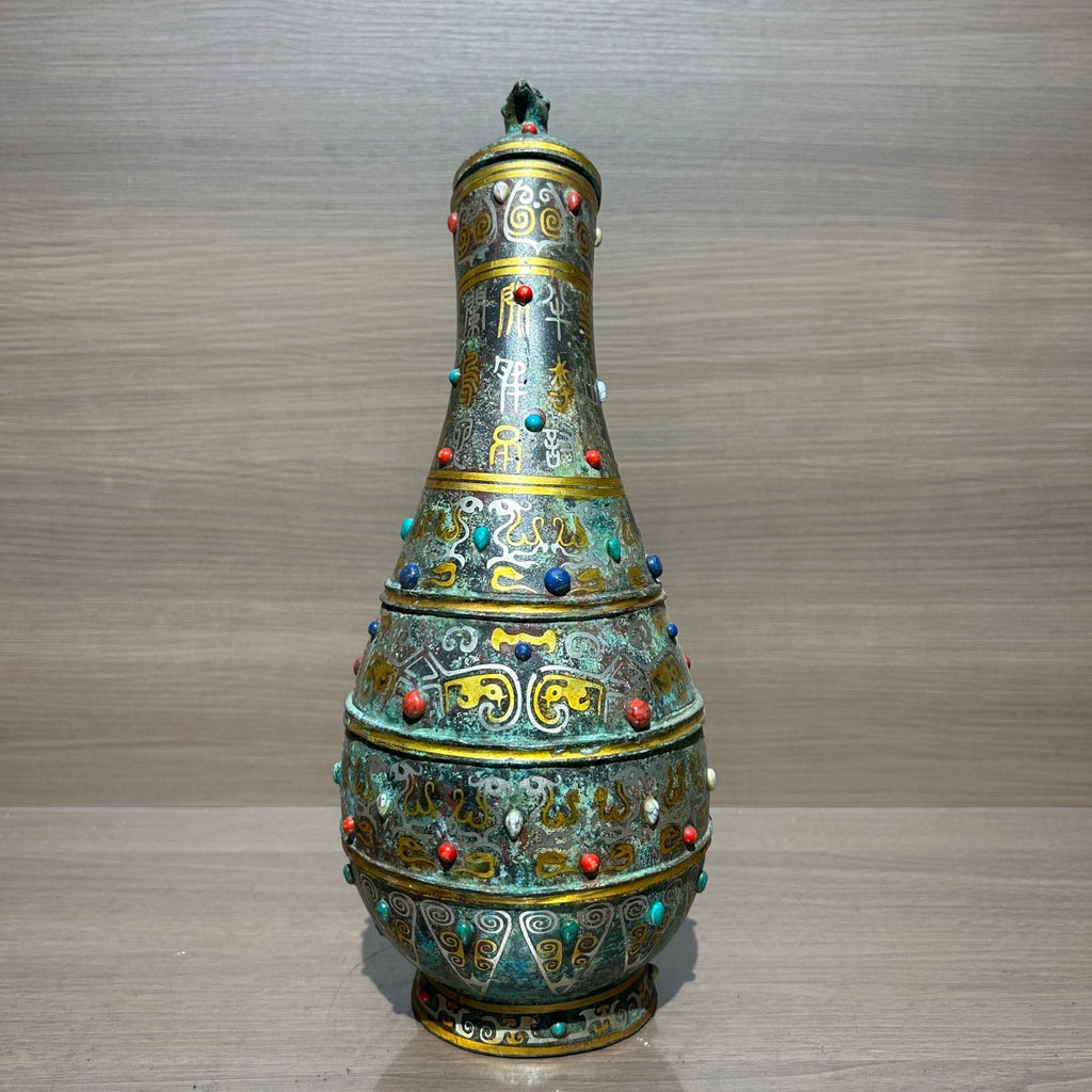 Ancient Chinese Style Bronze Bird Cover Pot Replica, Gold & Silver Inlaid Turquoise Decorative Vessel