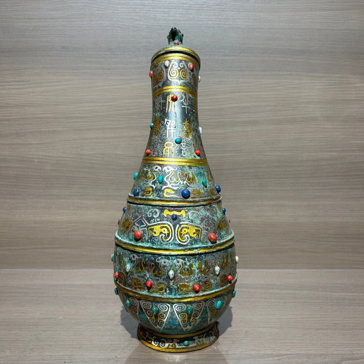 Ancient Chinese Style Bronze Bird Cover Pot Replica, Gold & Silver Inlaid Turquoise Decorative Vessel