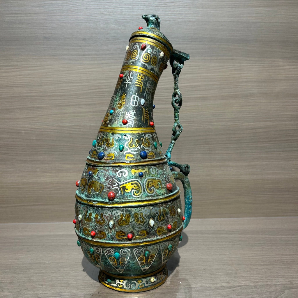 Ancient Chinese Style Bronze Bird Cover Pot Replica, Gold & Silver Inlaid Turquoise Decorative Vessel