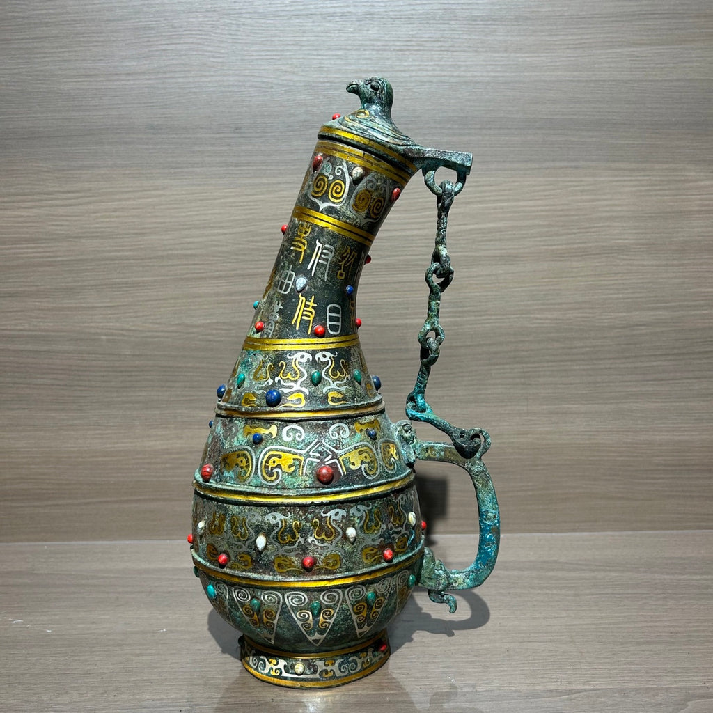 Ancient Chinese Style Bronze Bird Cover Pot Replica, Gold & Silver Inlaid Turquoise Decorative Vessel