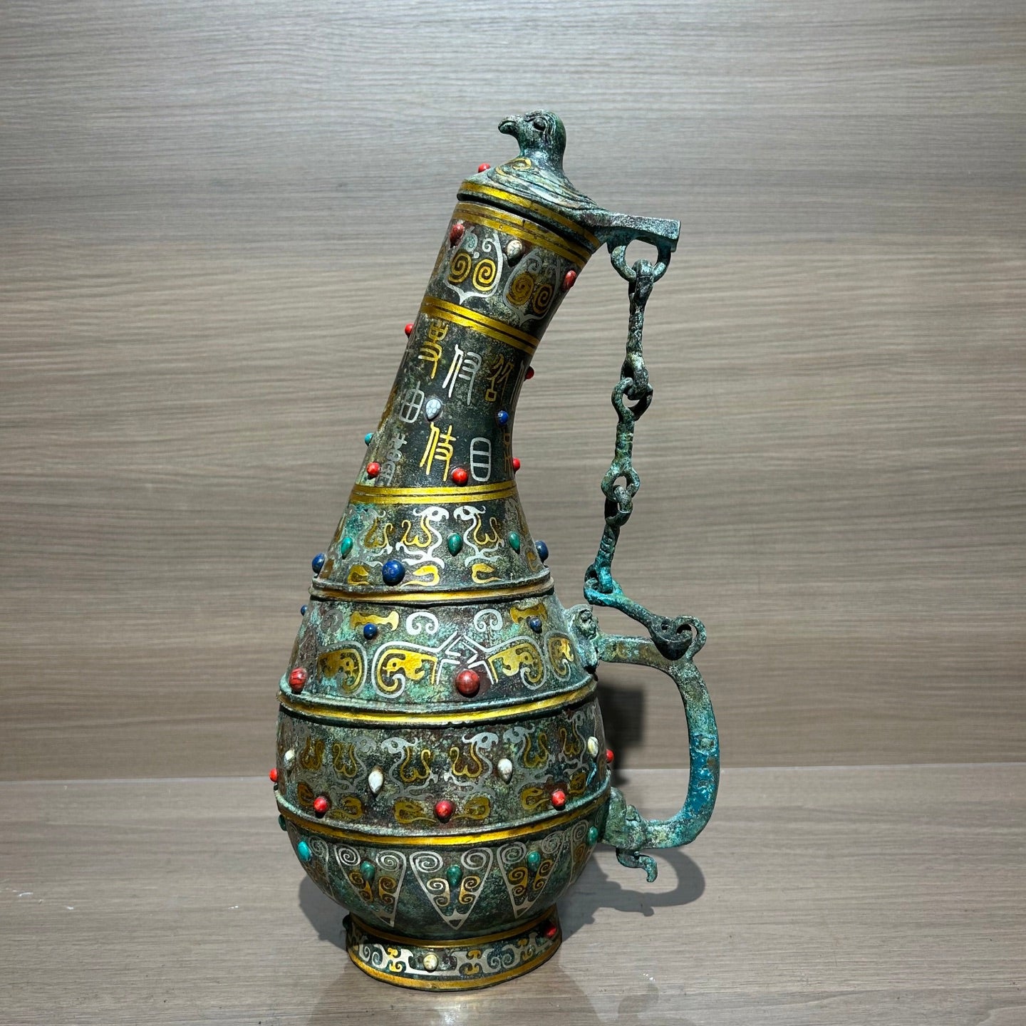 Ancient Chinese Style Bronze Bird Cover Pot Replica, Gold & Silver Inlaid Turquoise Decorative Vessel