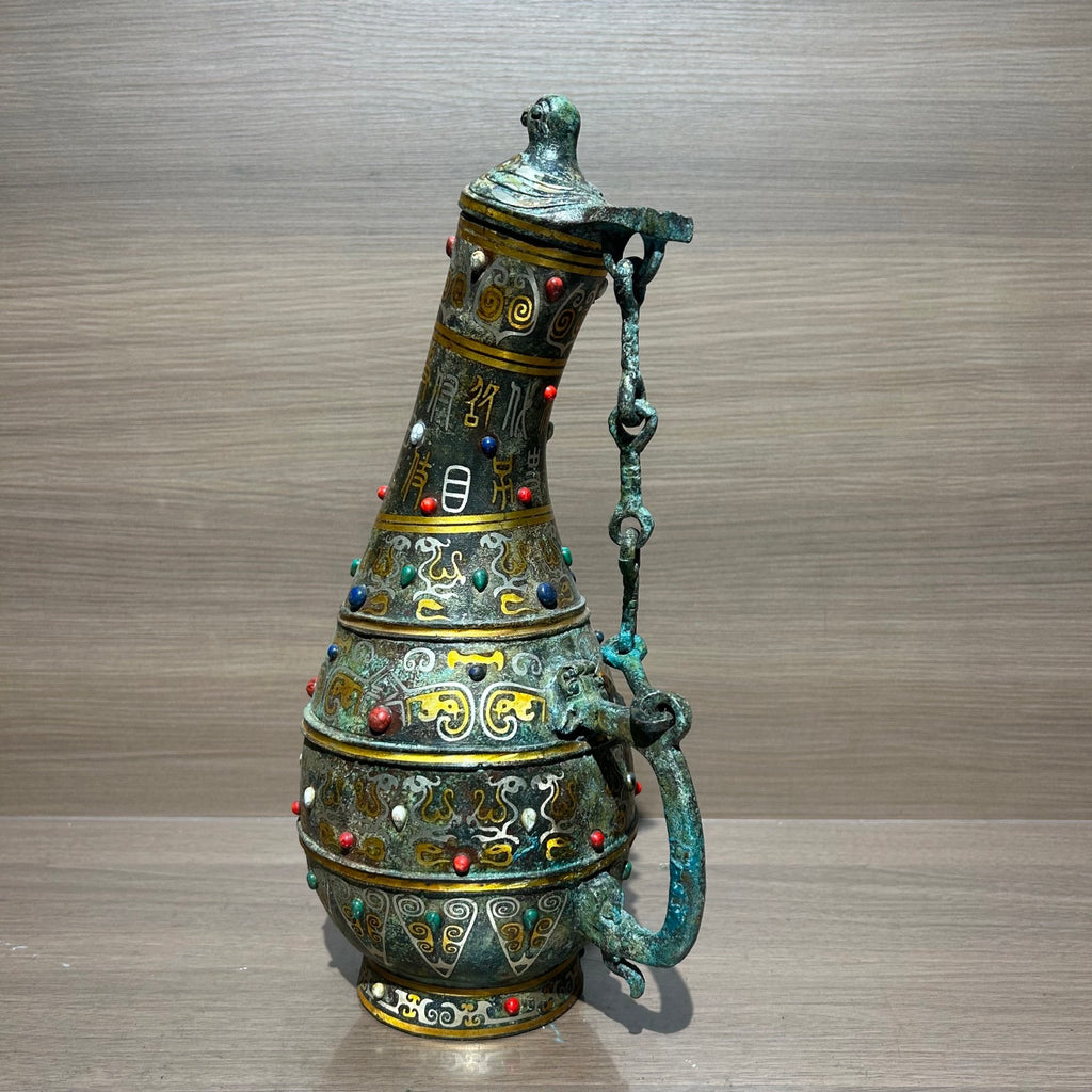 Ancient Chinese Style Bronze Bird Cover Pot Replica, Gold & Silver Inlaid Turquoise Decorative Vessel
