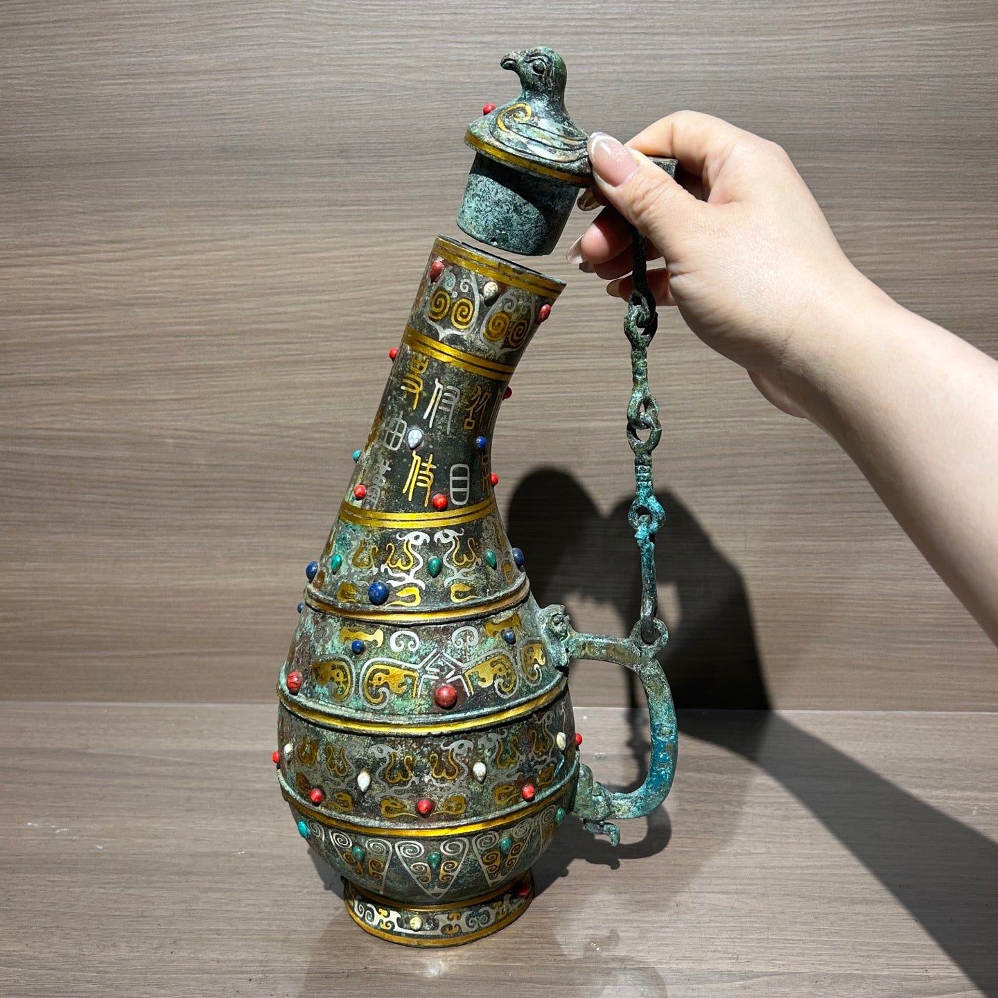 Ancient Chinese Style Bronze Bird Cover Pot Replica, Gold & Silver Inlaid Turquoise Decorative Vessel