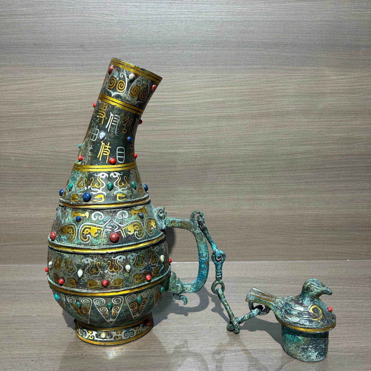 Ancient Chinese Style Bronze Bird Cover Pot Replica, Gold & Silver Inlaid Turquoise Decorative Vessel