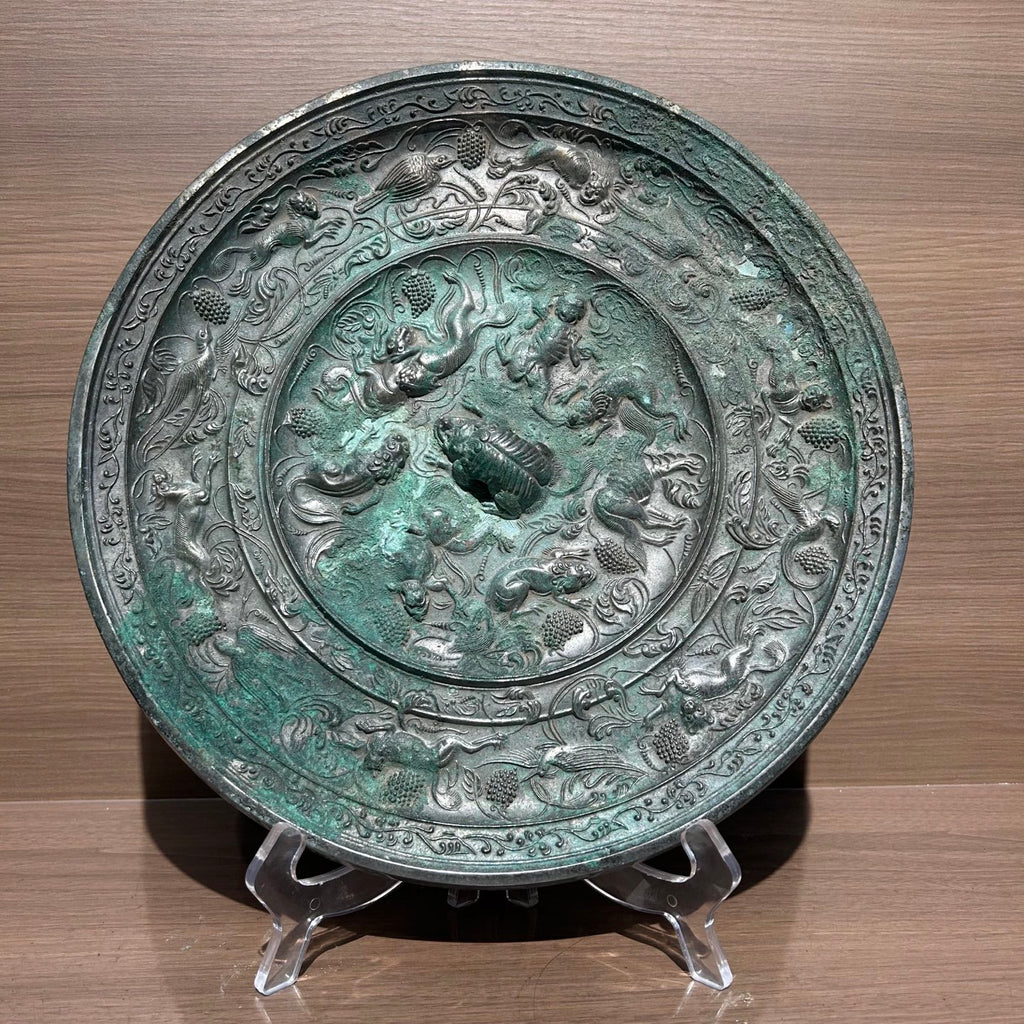 Ancient Chinese Style Bronze Sea Beast Grape Mirror Replica, Tang Dynasty Style Antique Bronze Ware Desktop Ornament