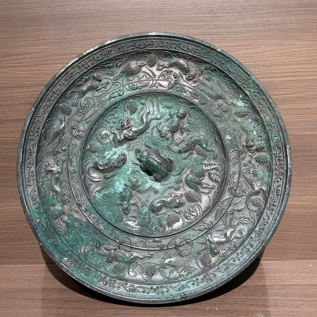 Ancient Chinese Style Bronze Sea Beast Grape Mirror Replica, Tang Dynasty Style Antique Bronze Ware Desktop Ornament