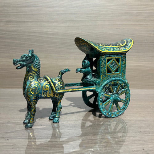 Ancient Chinese Replica Bronze Chariot with Horse, Handcrafted Gilded Bronze Carriage Statue, Home Decor Collectible