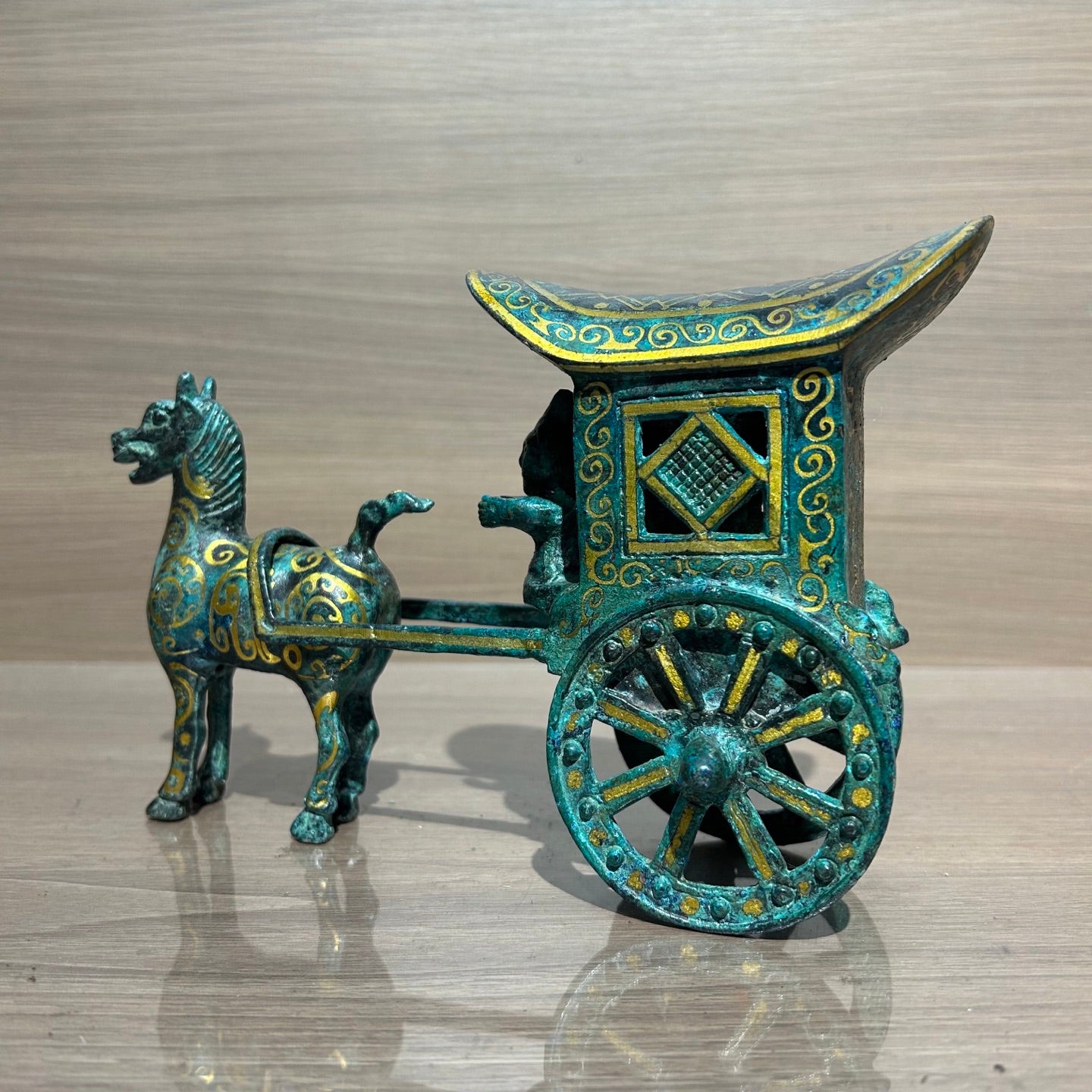 Ancient Chinese Replica Bronze Chariot with Horse, Handcrafted Gilded Bronze Carriage Statue, Home Decor Collectible