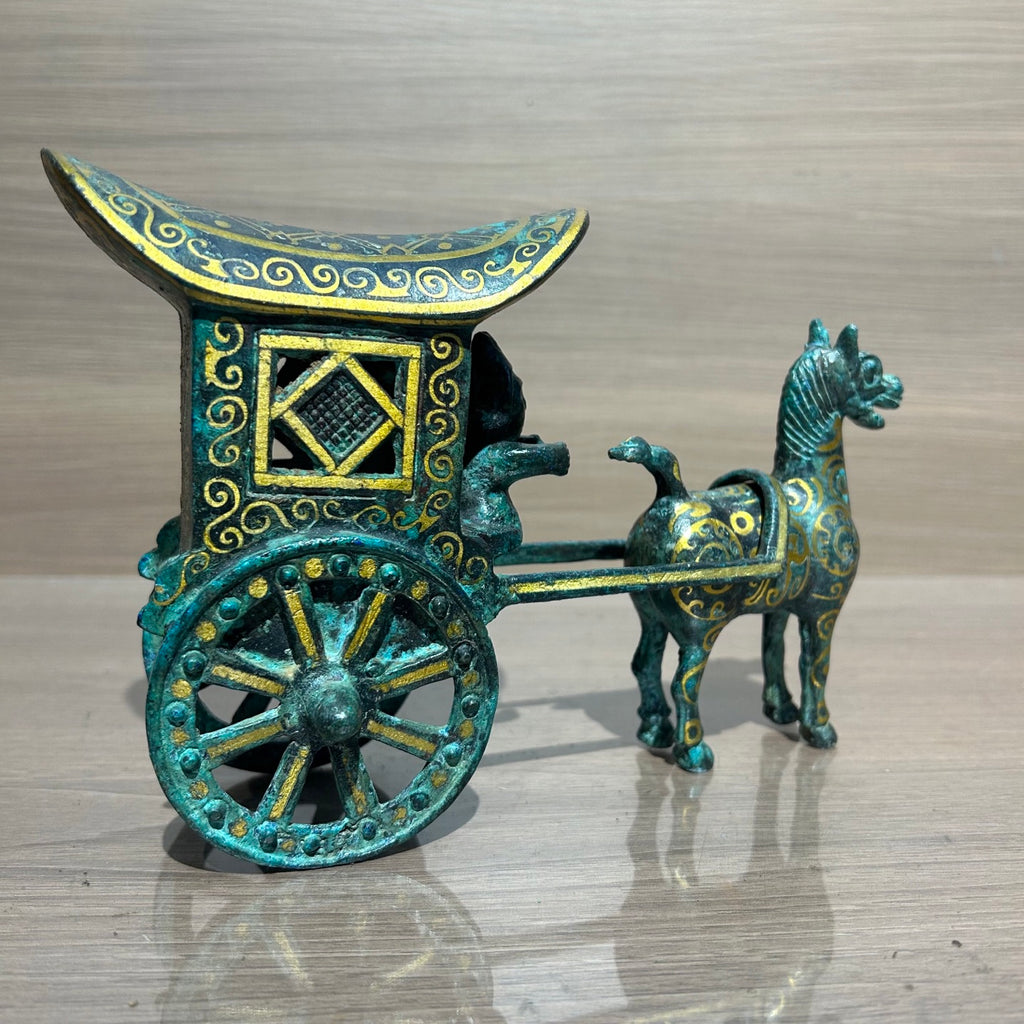 Ancient Chinese Replica Bronze Chariot with Horse, Handcrafted Gilded Bronze Carriage Statue, Home Decor Collectible