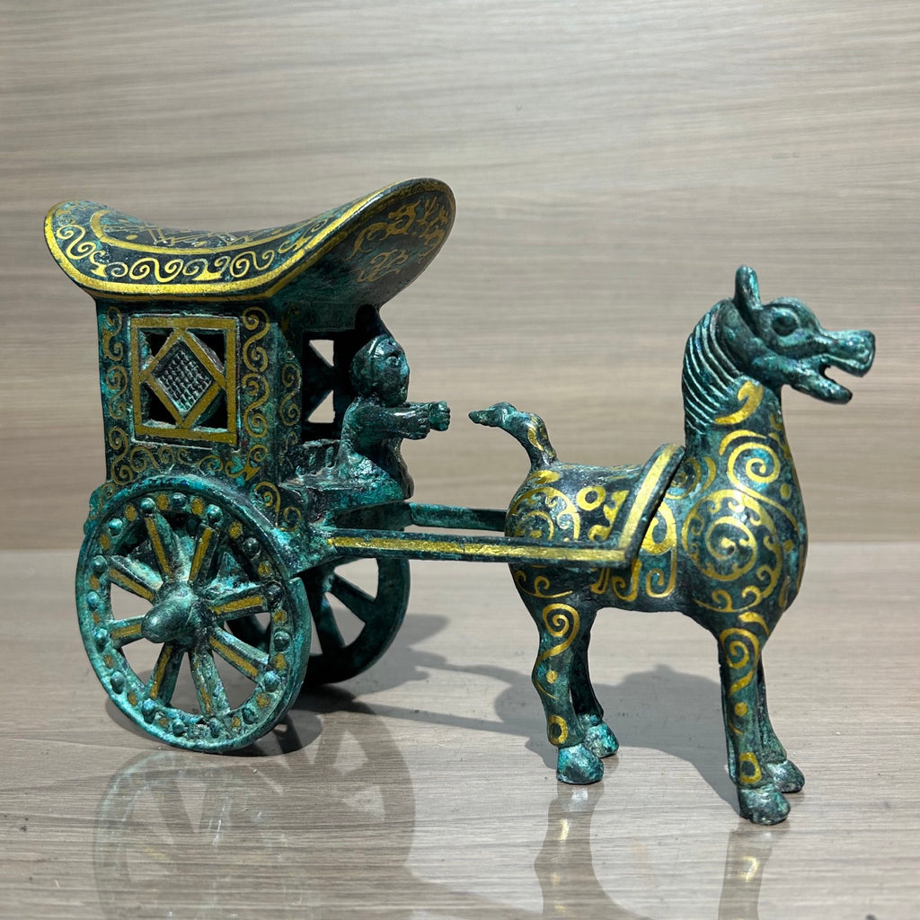 Ancient Chinese Replica Bronze Chariot with Horse, Handcrafted Gilded Bronze Carriage Statue, Home Decor Collectible