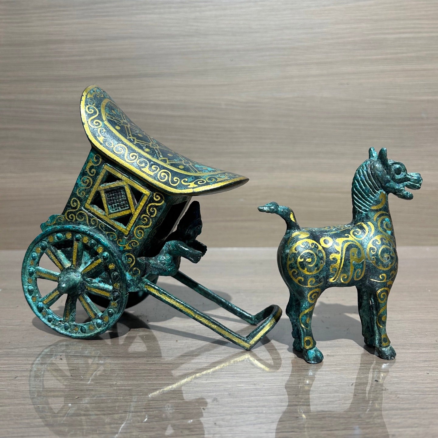 Ancient Chinese Replica Bronze Chariot with Horse, Handcrafted Gilded Bronze Carriage Statue, Home Decor Collectible