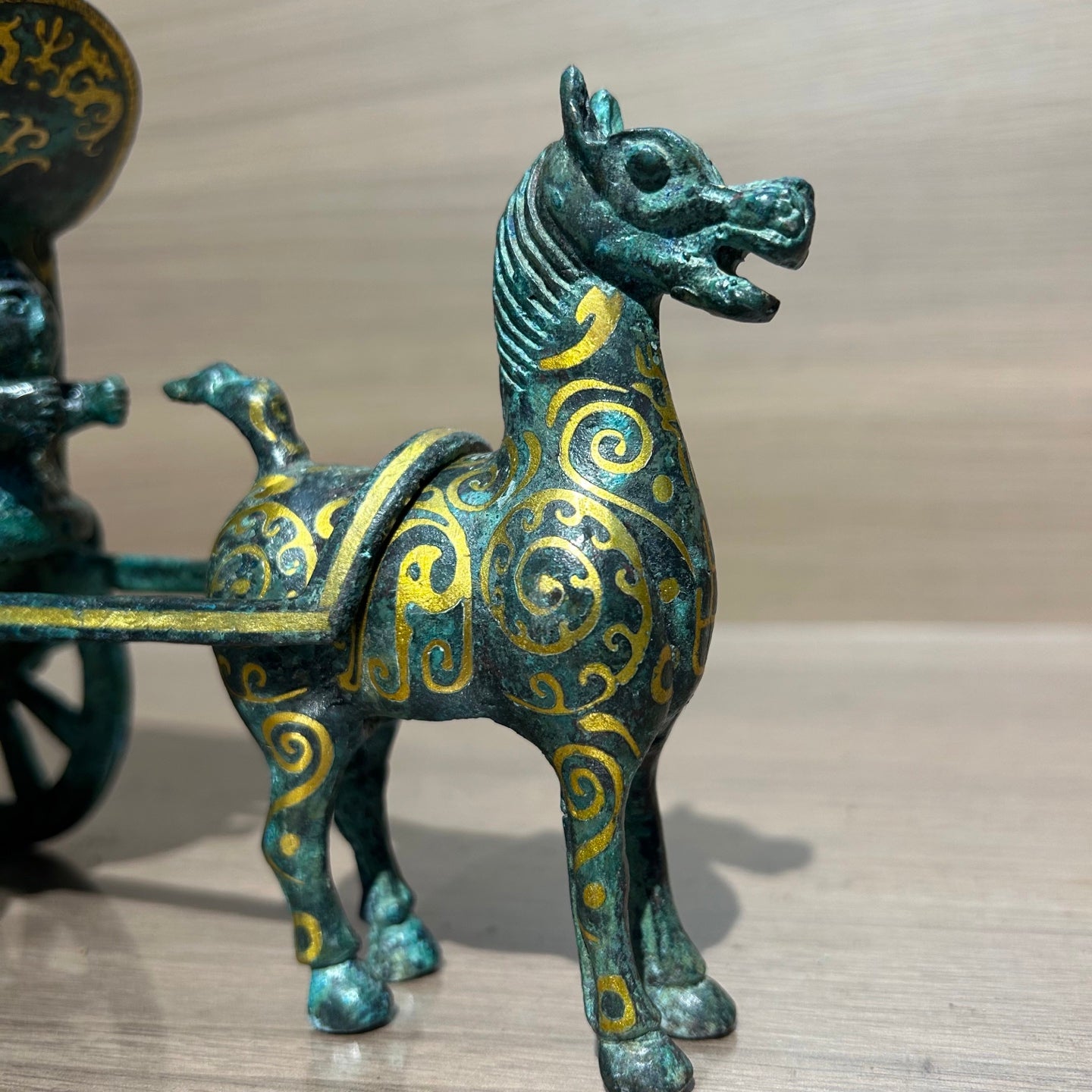 Ancient Chinese Replica Bronze Chariot with Horse, Handcrafted Gilded Bronze Carriage Statue, Home Decor Collectible
