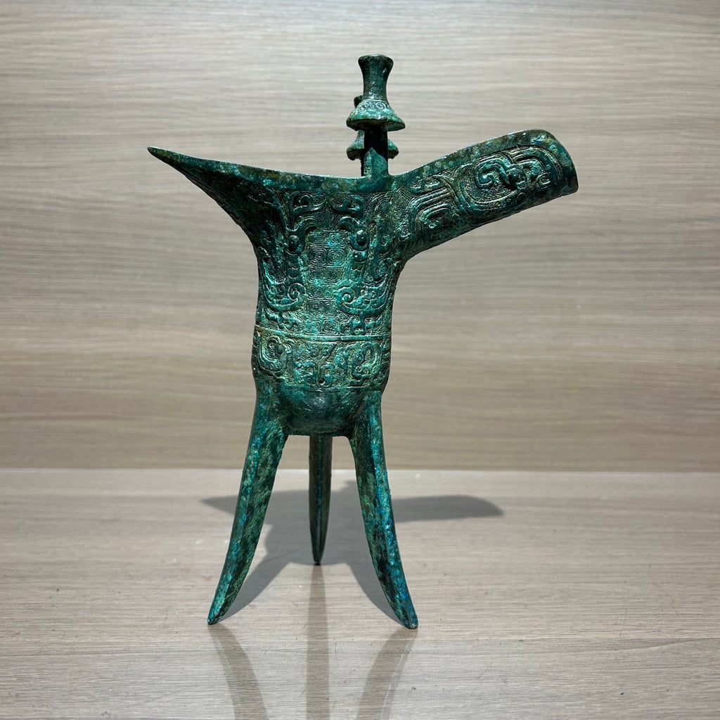 Traditional Chinese Phoenix Pattern Bronze Jue Libation Cup, Antique Replica Bronze Ware Art Collection Home Decor