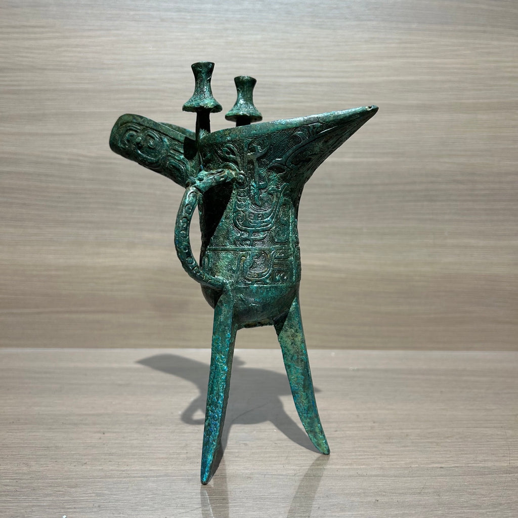 Traditional Chinese Phoenix Pattern Bronze Jue Libation Cup, Antique Replica Bronze Ware Art Collection Home Decor