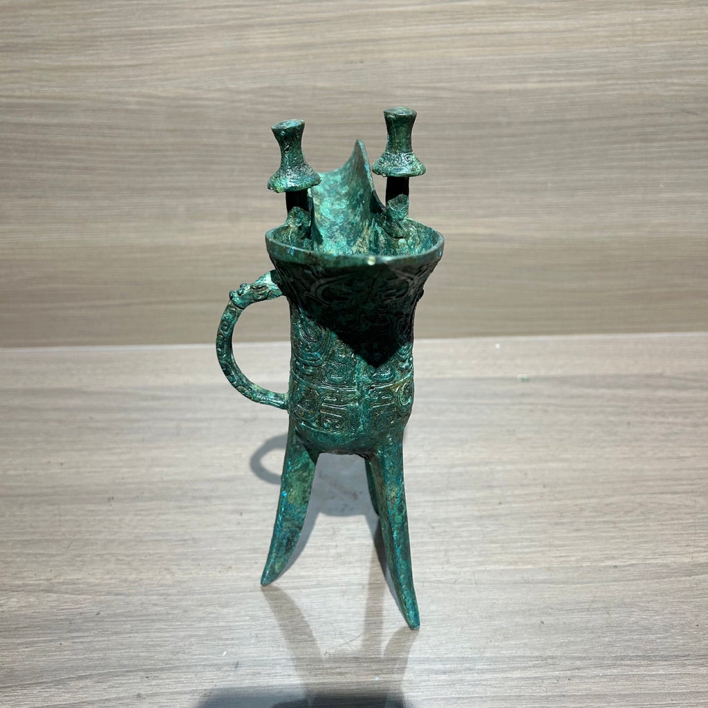 Traditional Chinese Phoenix Pattern Bronze Jue Libation Cup, Antique Replica Bronze Ware Art Collection Home Decor