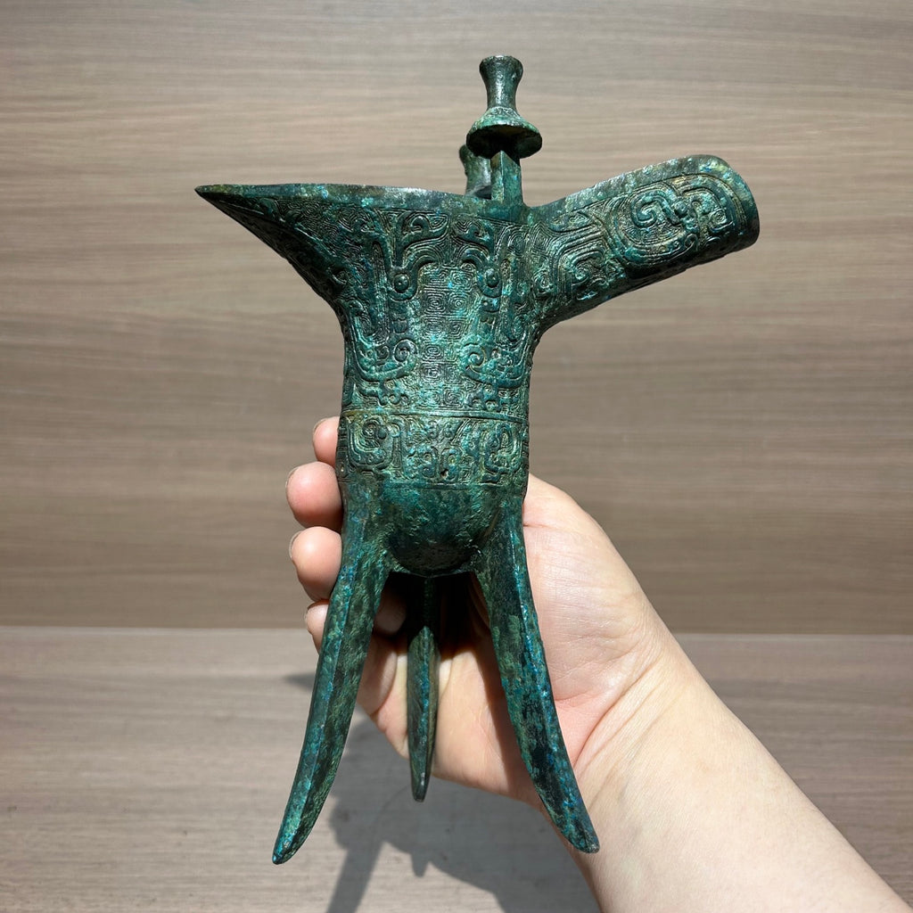 Traditional Chinese Phoenix Pattern Bronze Jue Libation Cup, Antique Replica Bronze Ware Art Collection Home Decor