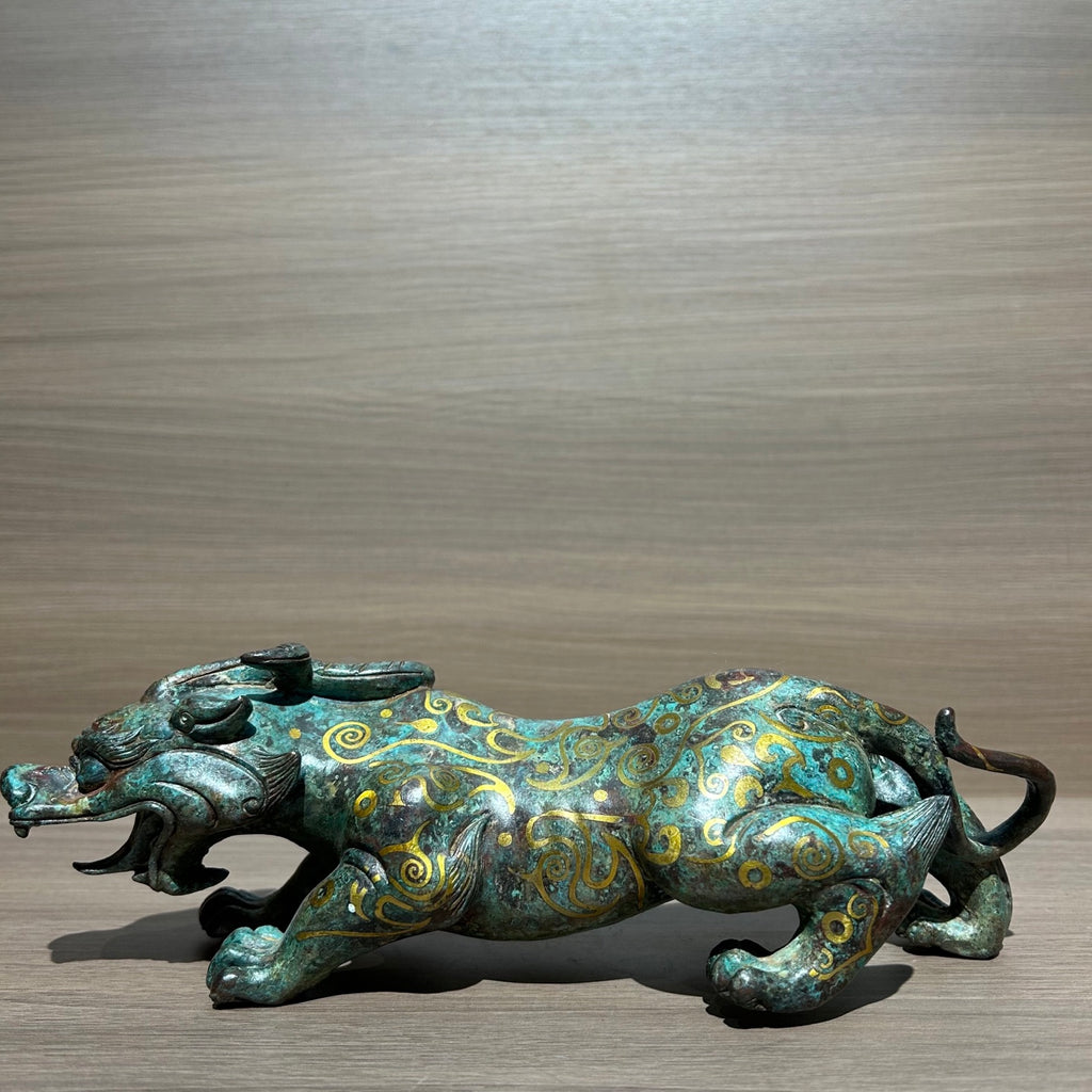 Ancient Chinese Style Gold Inlaid Bronze Mythical Beast Replica, Vintage Oriental Guardian Sculpture