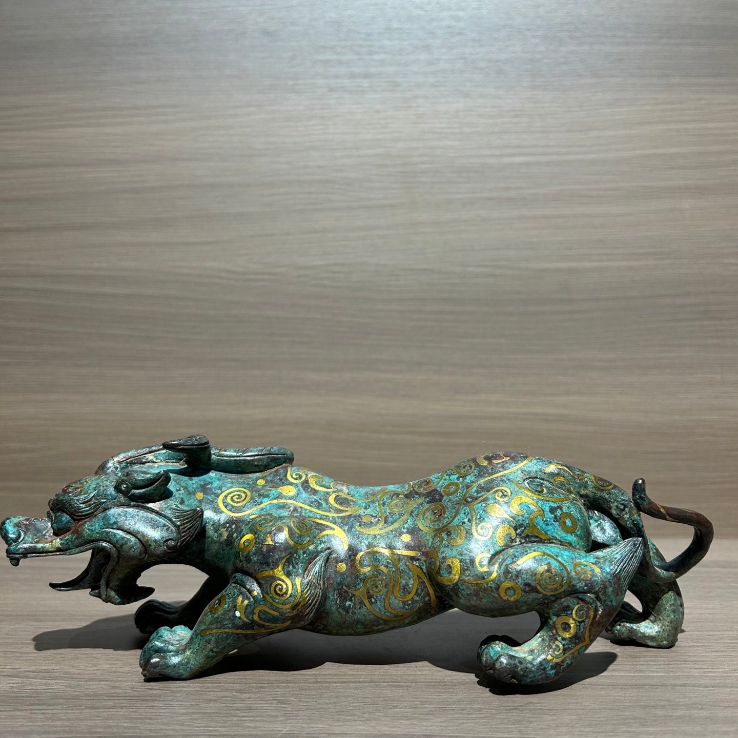 Ancient Chinese Style Gold Inlaid Bronze Mythical Beast Replica, Vintage Oriental Guardian Sculpture