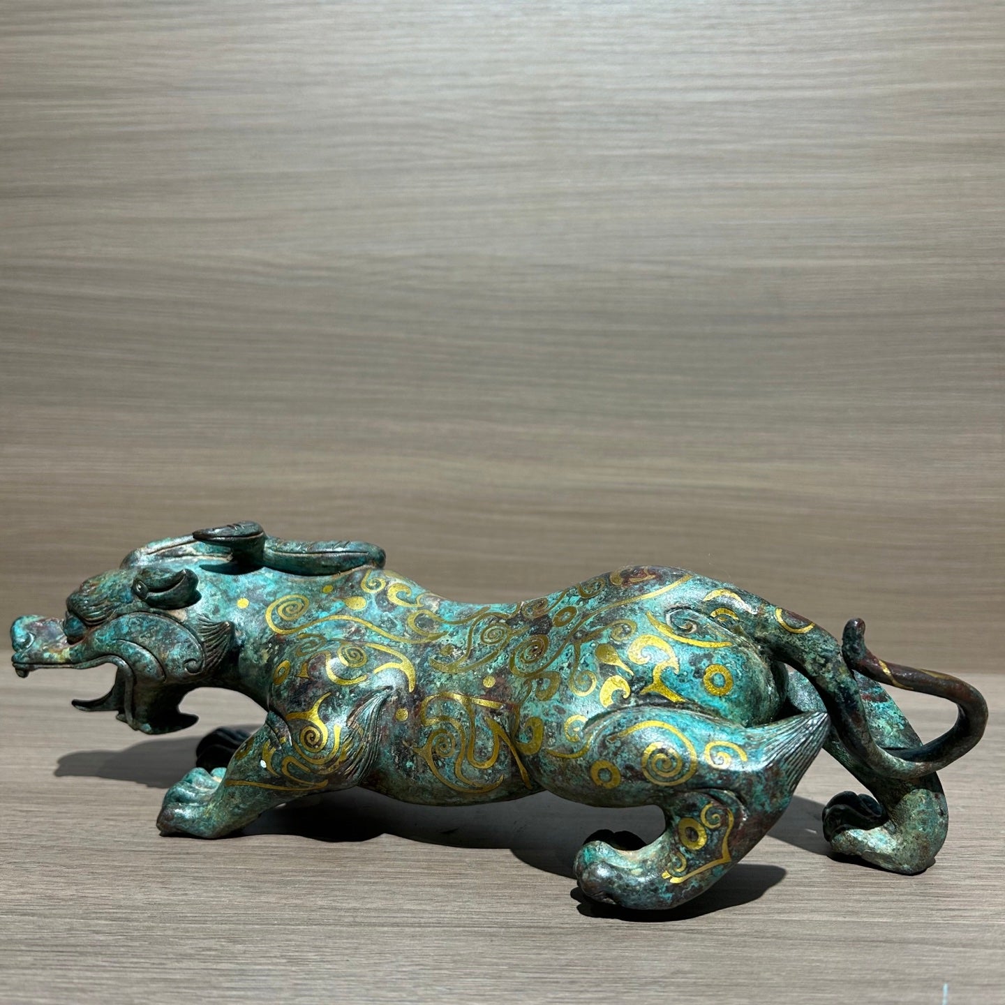 Ancient Chinese Style Gold Inlaid Bronze Mythical Beast Replica, Vintage Oriental Guardian Sculpture