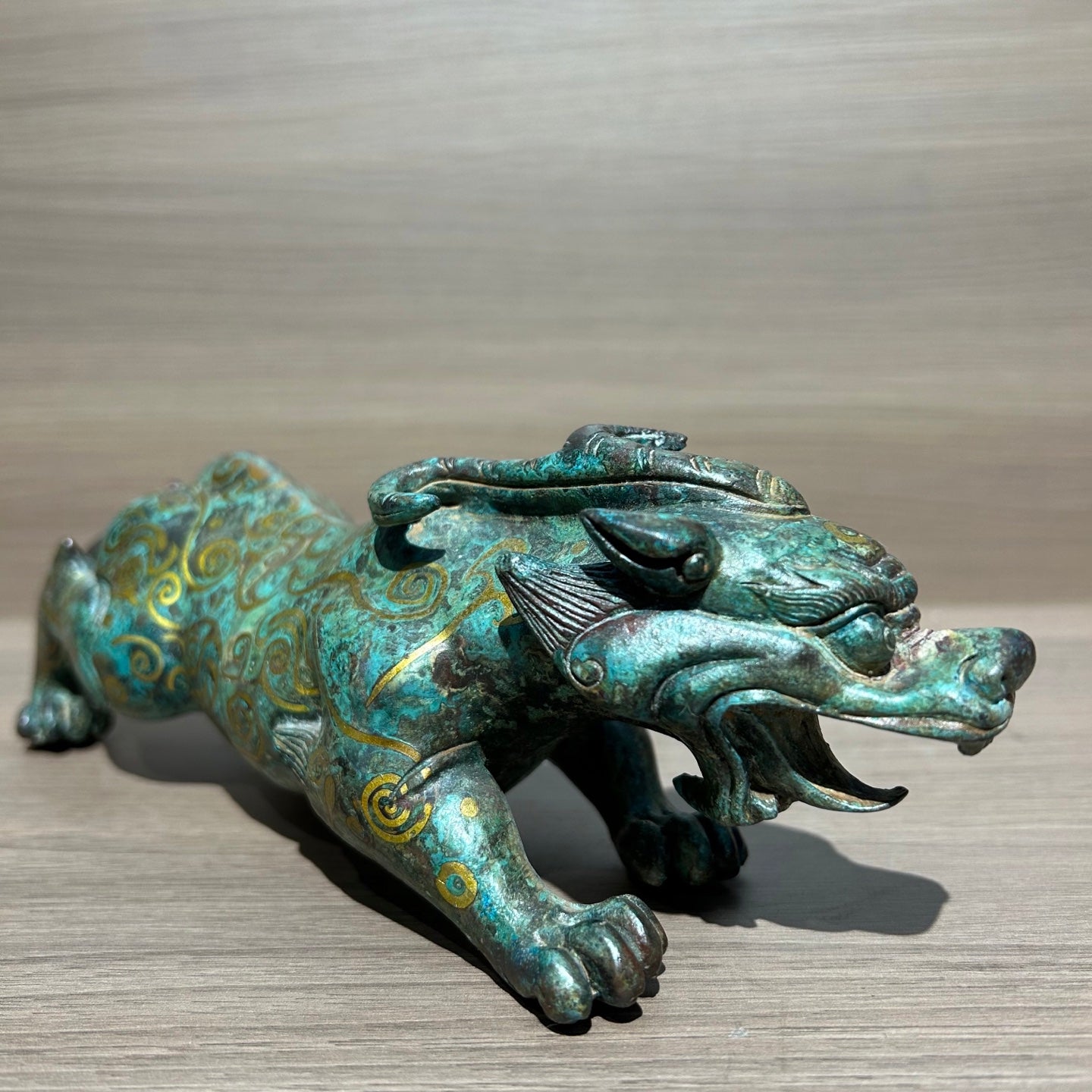 Ancient Chinese Style Gold Inlaid Bronze Mythical Beast Replica, Vintage Oriental Guardian Sculpture