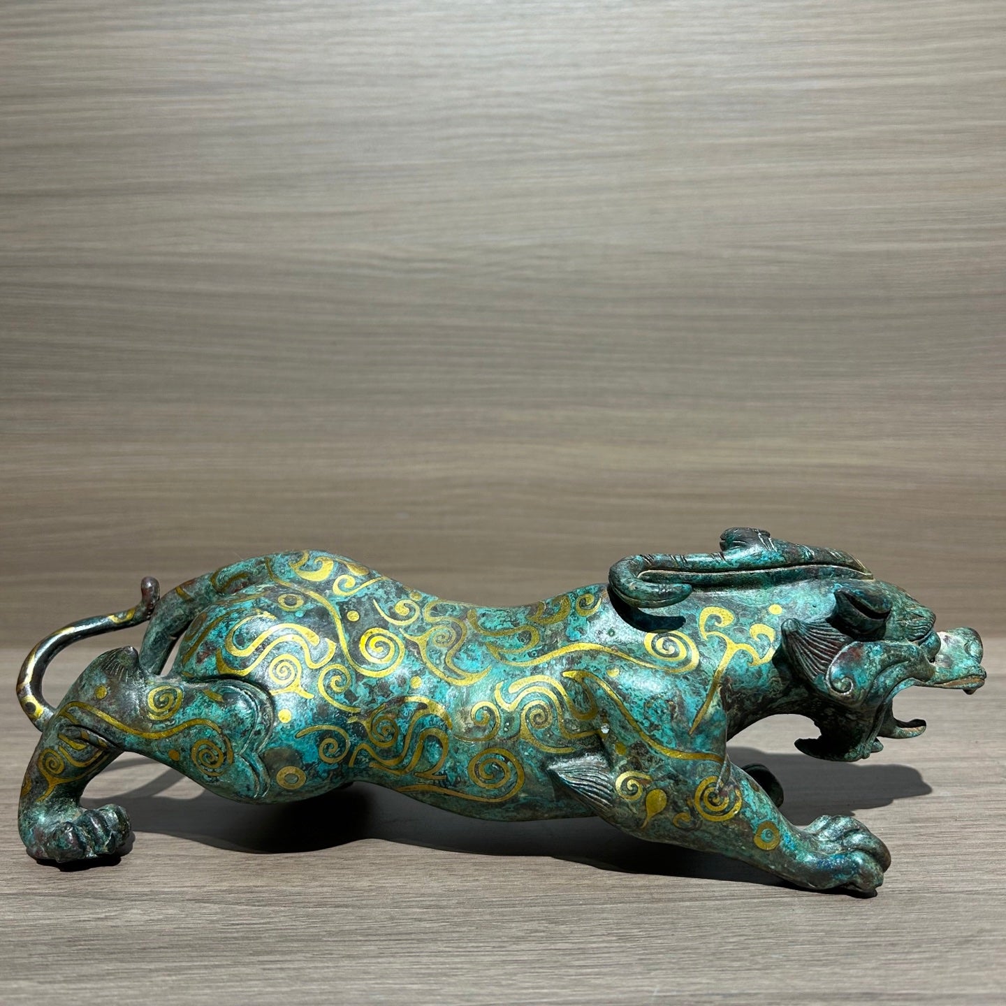 Ancient Chinese Style Gold Inlaid Bronze Mythical Beast Replica, Vintage Oriental Guardian Sculpture