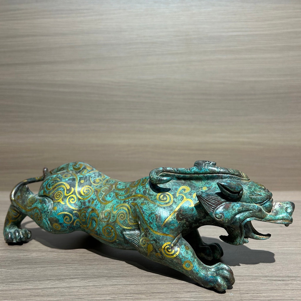 Ancient Chinese Style Gold Inlaid Bronze Mythical Beast Replica, Vintage Oriental Guardian Sculpture