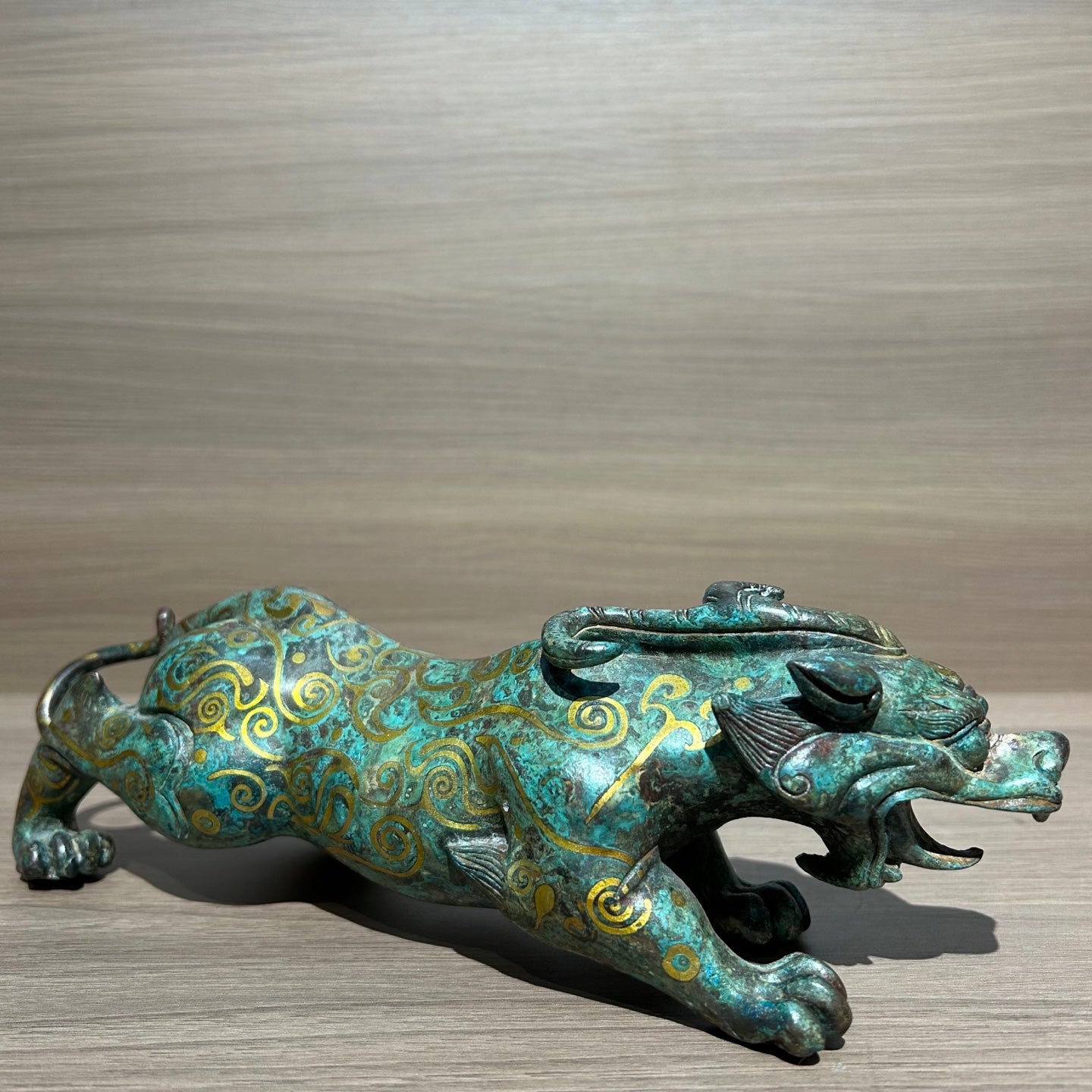 Ancient Chinese Style Gold Inlaid Bronze Mythical Beast Replica, Vintage Oriental Guardian Sculpture