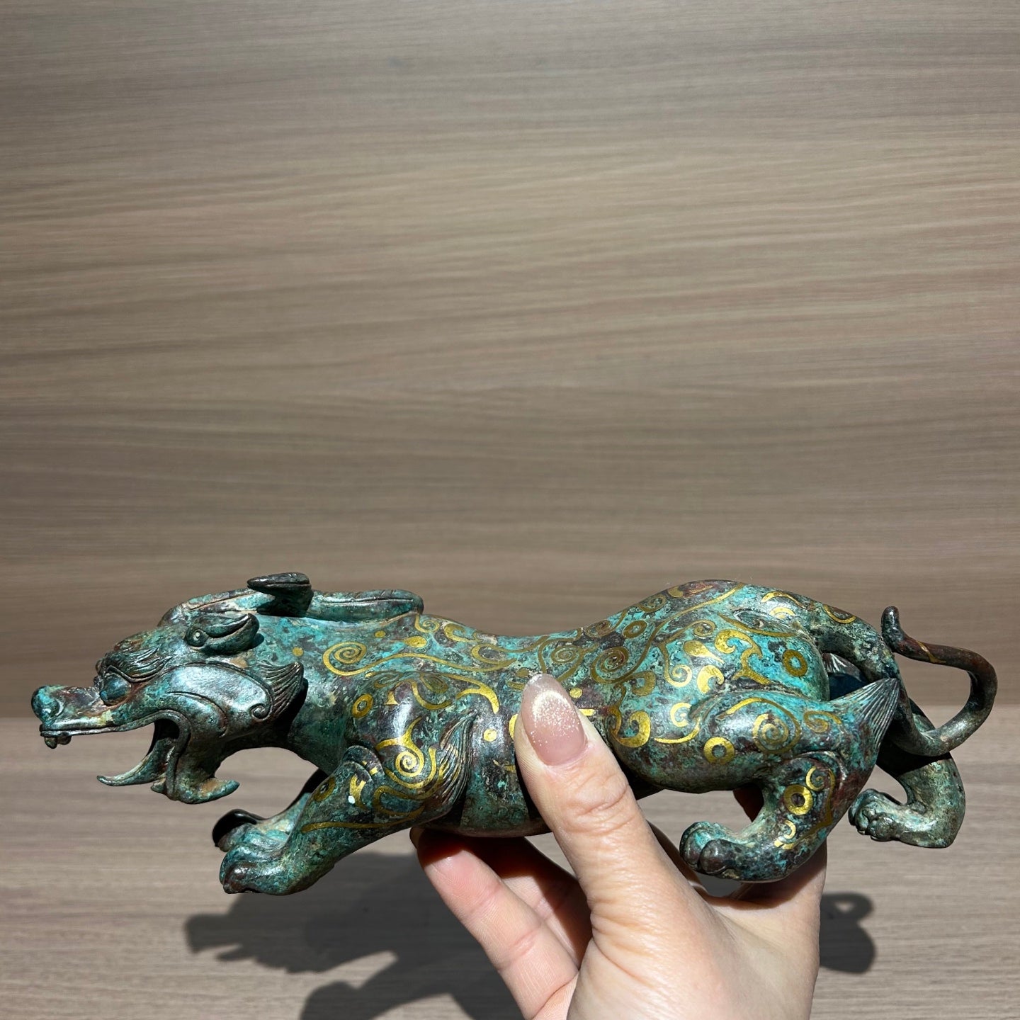 Ancient Chinese Style Gold Inlaid Bronze Mythical Beast Replica, Vintage Oriental Guardian Sculpture
