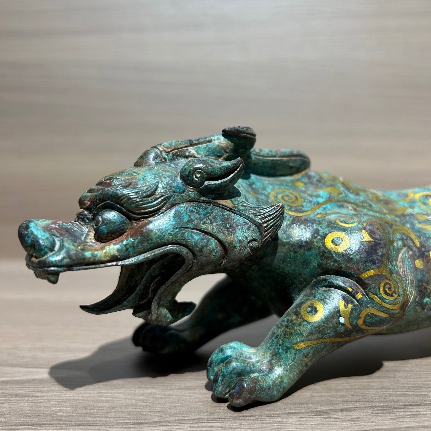 Ancient Chinese Style Gold Inlaid Bronze Mythical Beast Replica, Vintage Oriental Guardian Sculpture