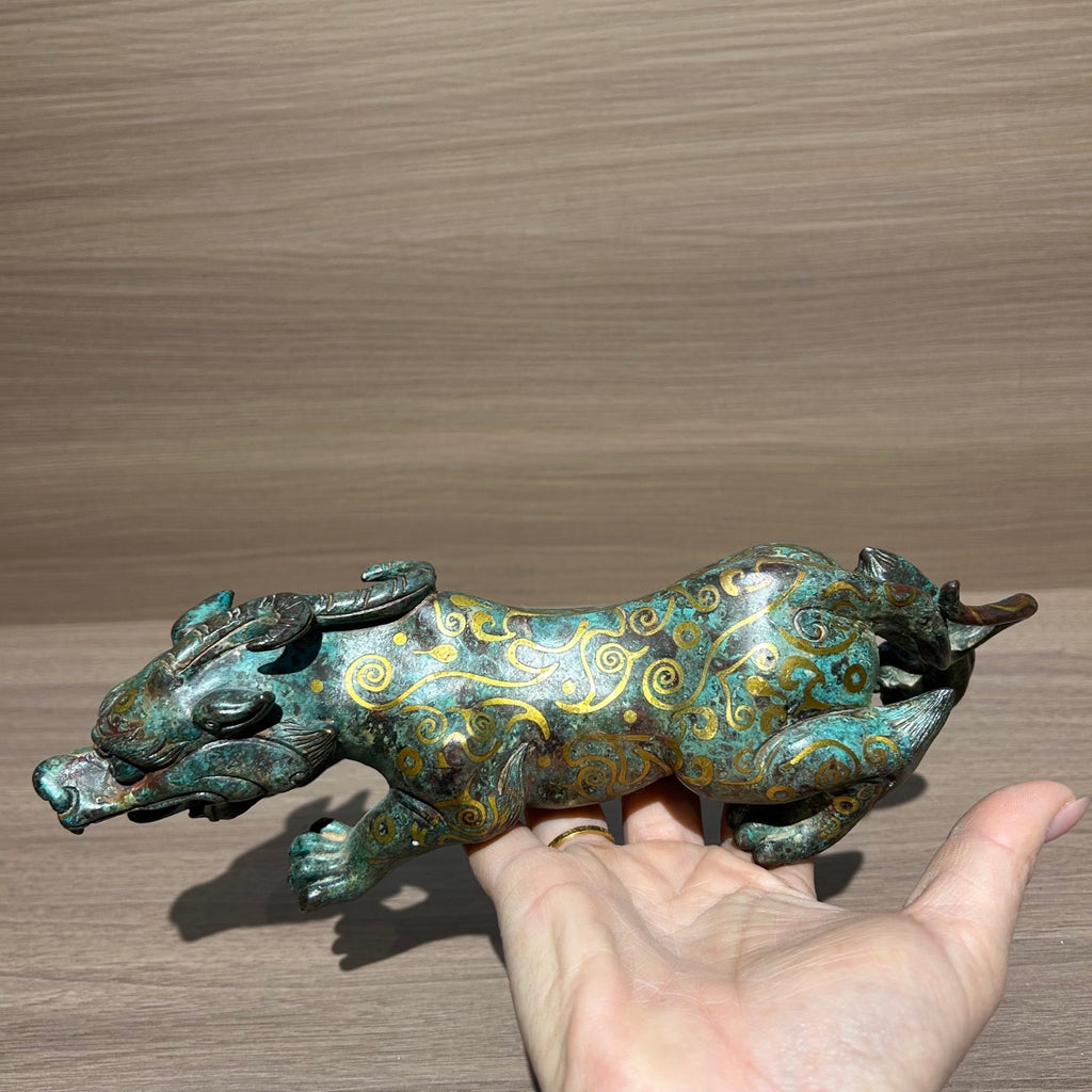 Ancient Chinese Style Gold Inlaid Bronze Mythical Beast Replica, Vintage Oriental Guardian Sculpture