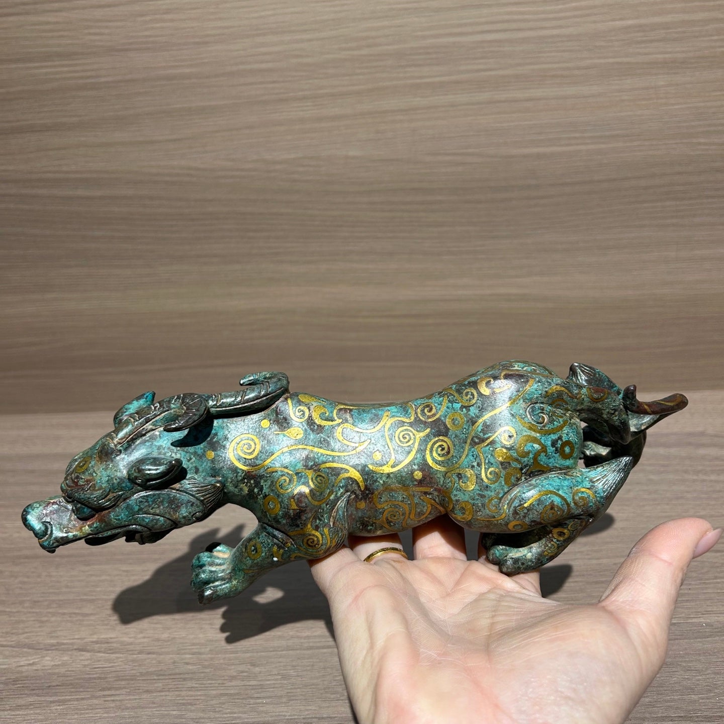 Ancient Chinese Style Gold Inlaid Bronze Mythical Beast Replica, Vintage Oriental Guardian Sculpture