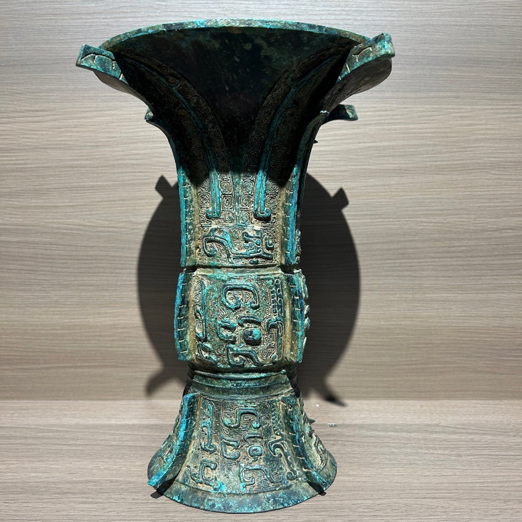 Ancient Chinese Style Bronze Taotie Face Zun Replica, Shang Dynasty Ritual Vessel Decor