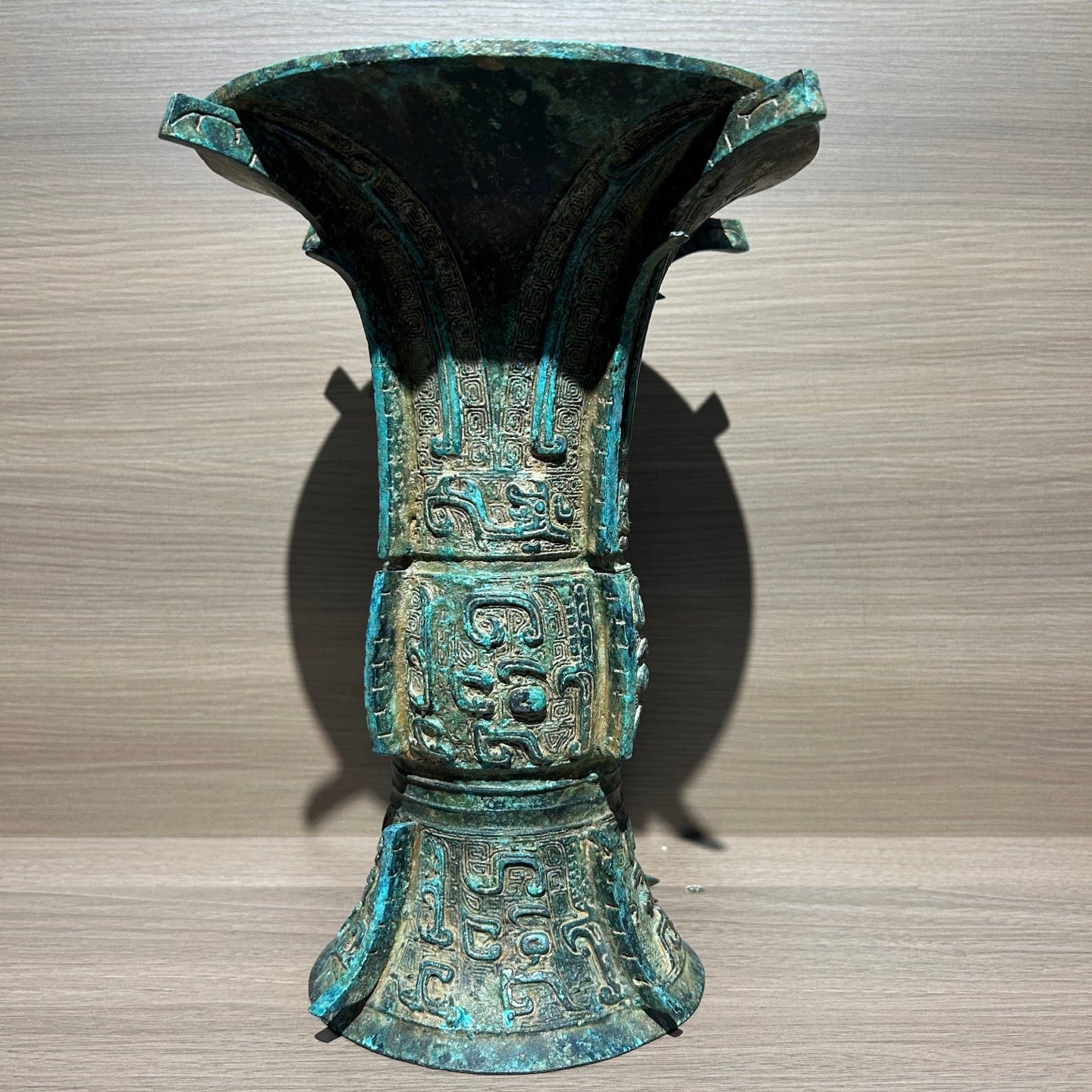 Ancient Chinese Style Bronze Taotie Face Zun Replica, Shang Dynasty Ritual Vessel Decor
