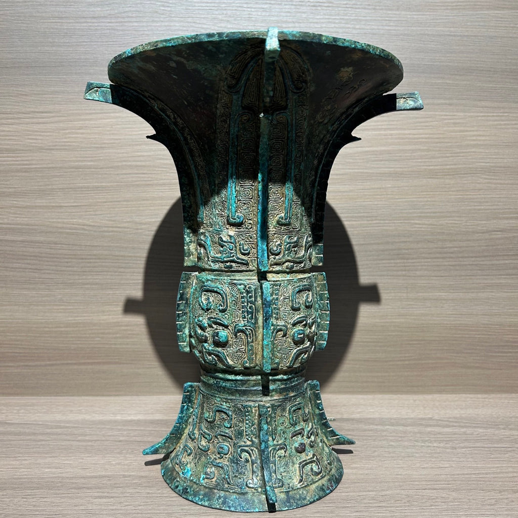 Ancient Chinese Style Bronze Taotie Face Zun Replica, Shang Dynasty Ritual Vessel Decor