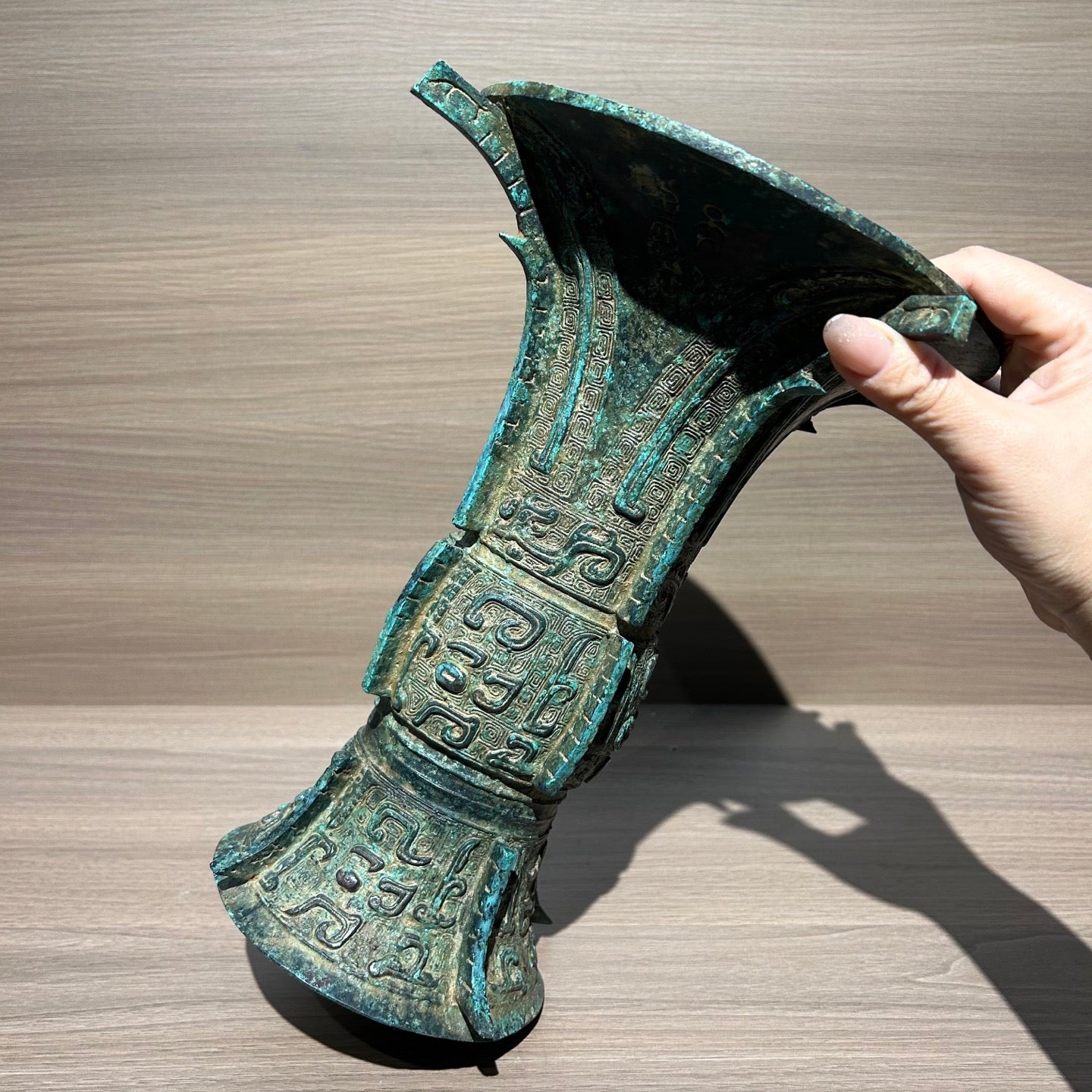 Ancient Chinese Style Bronze Taotie Face Zun Replica, Shang Dynasty Ritual Vessel Decor