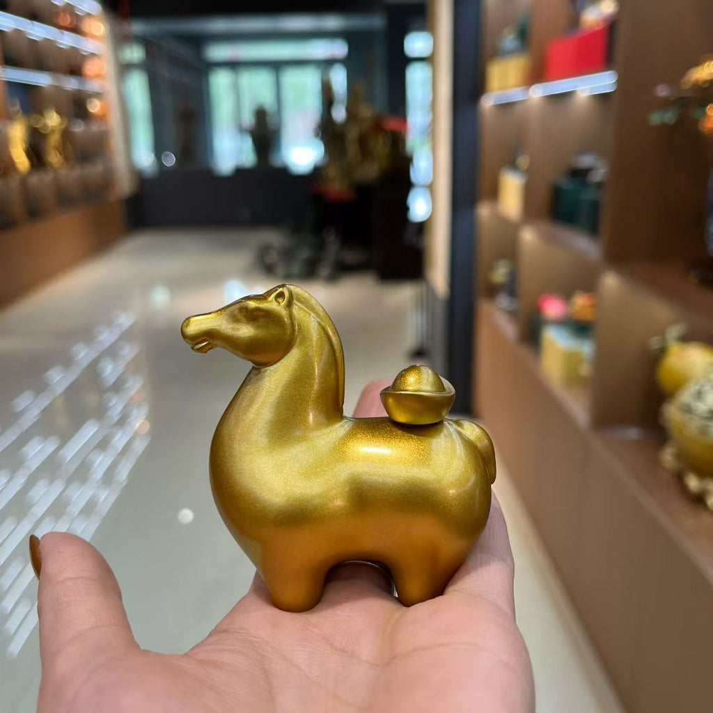Chinese Golden Horse with Yuanbao Feng Shui Statue, "Instant Wealth Luck" Decor