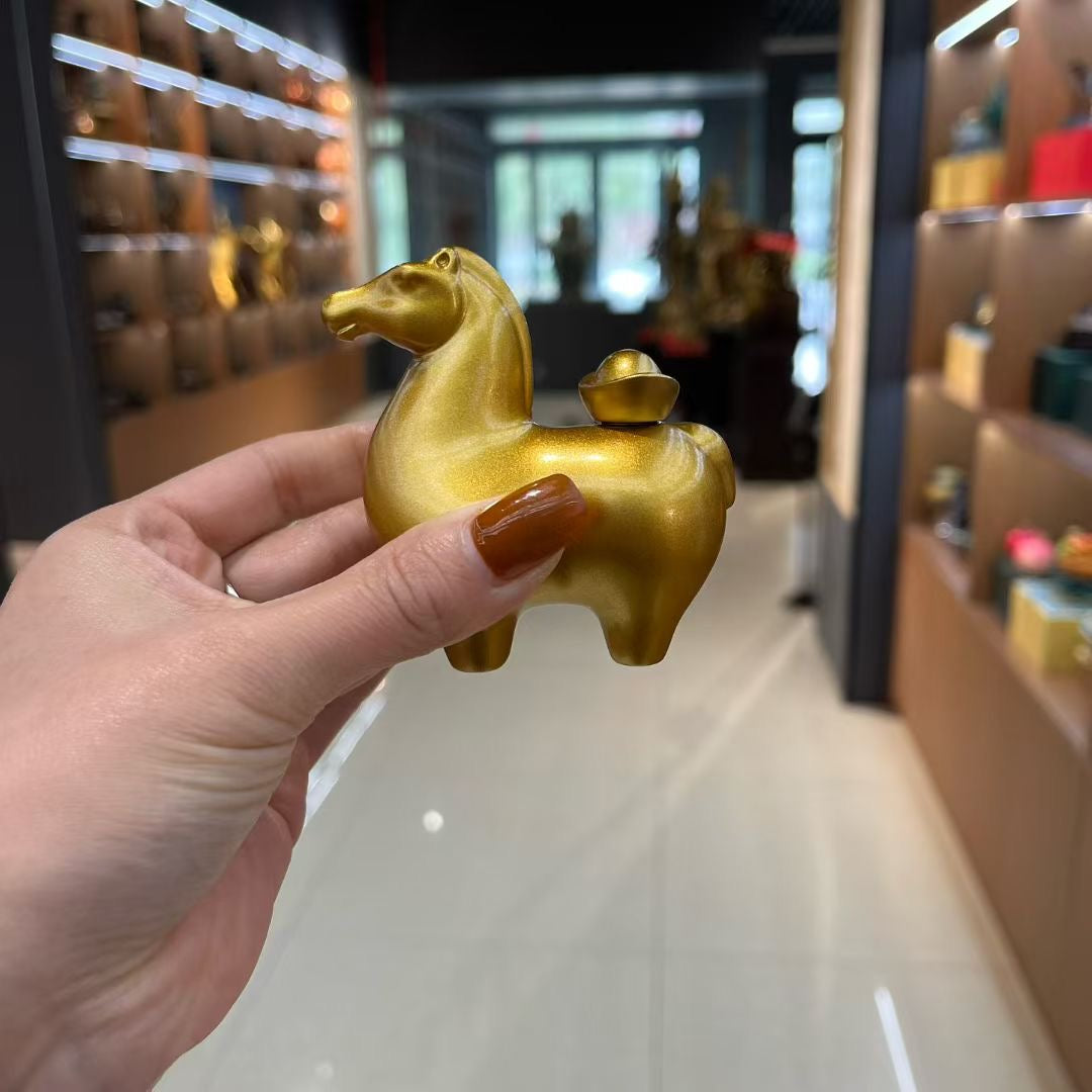 Chinese Golden Horse with Yuanbao Feng Shui Statue, "Instant Wealth Luck" Decor