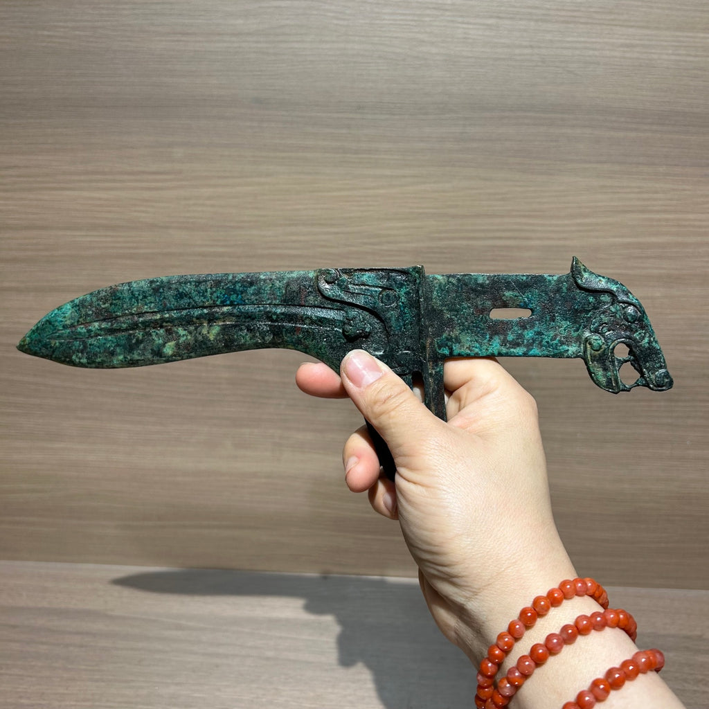 Antique Style Chinese Tiger Pattern Bronze Ge Weapon Replica, Warring States Ritual Artifact