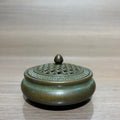 Handmade Antique Chinese Bronze Incense Censer, Flat Hollow Weave Lid Copper Incense Burner for Meditation Tea Room Decor